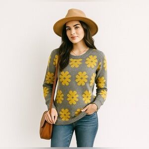 Mossimo | Gray and Yellow Floral Crewneck Knit Sweater